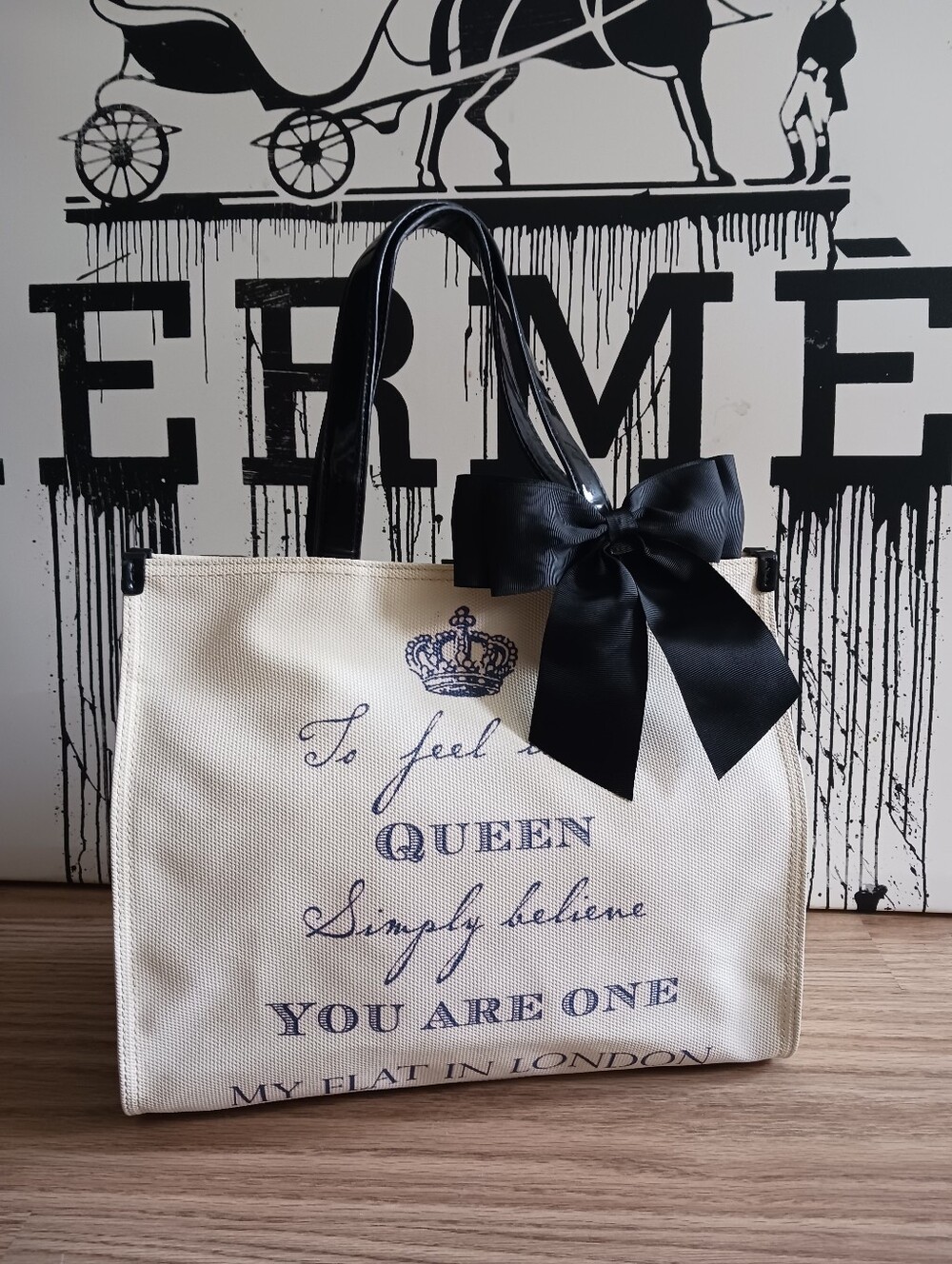 My Flat London CREED  Tote Bag with Black Bow - Cream and Black